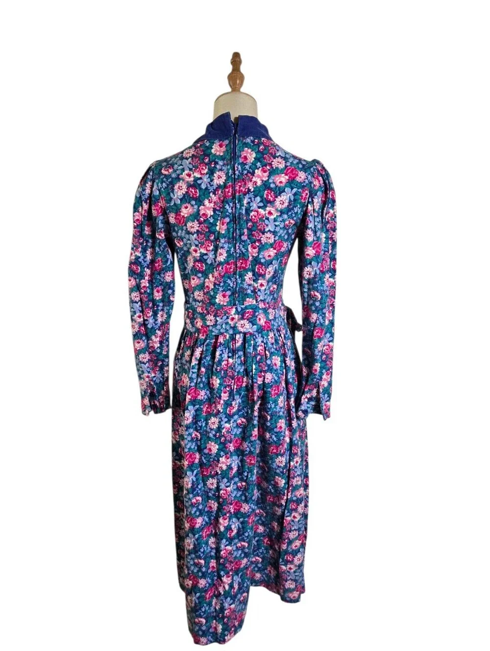 Laura Ashley Vintage Blue Floral Long Sleeve Midi Dress with Corduroy Collar